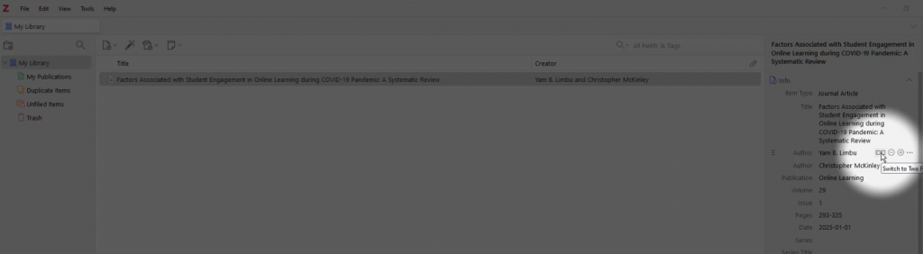 The "Switch to Two Fields" option is next to the author's name